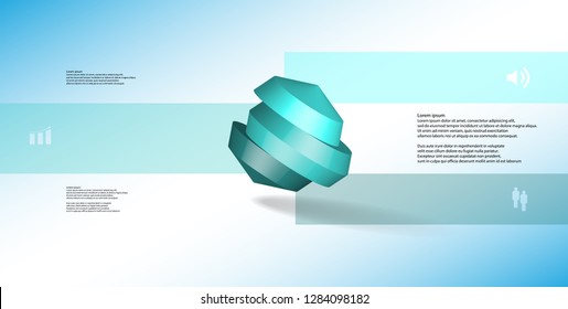3D illustration infographic template. The round octagon is divided to three color parts. Object is askew arranged on blue white background. Color bars with simple signs are on sides.