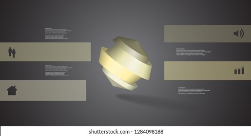 3D illustration infographic template. The round octagon is divided to four color parts. Object is askew arranged on grey black background. Color bars with simple signs are on sides.