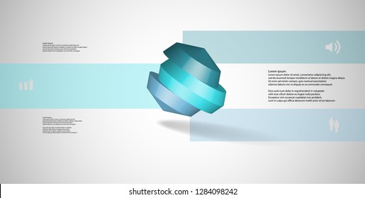 3D illustration infographic template. The round octagon is divided to three color parts. Object is askew arranged on grey white background. Color bars with simple signs are on sides.