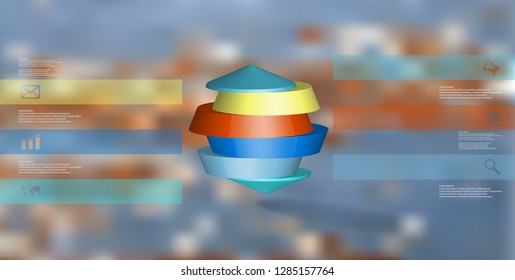 3D illustration infographic template. The round octagon is divided to six color parts. Object is arranged on blurred photo background. Color bars with simple signs are on sides.