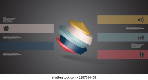 3D illustration infographic template. The round octagon is divided to five color parts. Object is askew arranged on grey black background. Color bars with simple signs are on sides.