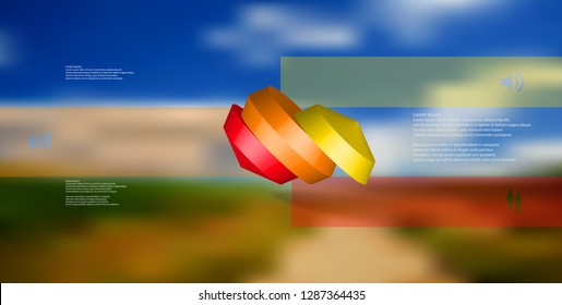 3D illustration infographic template. The round octagon is divided to three color parts. Object is askew arranged on blurred photo background. Color bars with simple signs are on sides.