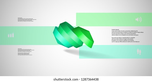 3D illustration infographic template. The round octagon is divided to three color parts. Object is askew arranged on grey white background. Color bars with simple signs are on sides.