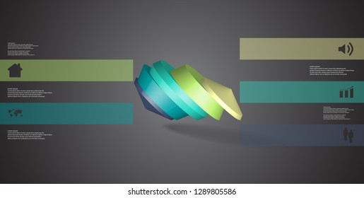 3D illustration infographic template. The round octagon is divided to five color parts. Object is askew arranged on grey black background. Color bars with simple signs are on sides.