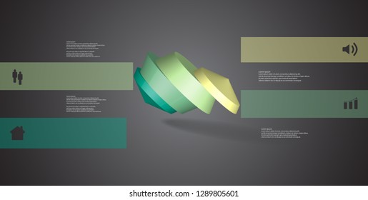 3D illustration infographic template. The round octagon is divided to four color parts. Object is askew arranged on grey black background. Color bars with simple signs are on sides.