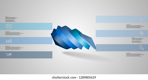 3D illustration infographic template. The round octagon is divided to six color parts. Object is askew arranged on grey white background. Color bars with simple signs are on sides.