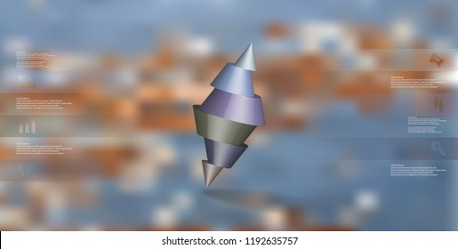 3D illustration infographic template. The two spiked cone is divided to six color parts. Object is askew arranged on blurred photo background. Color bars with simple sign are on sides.