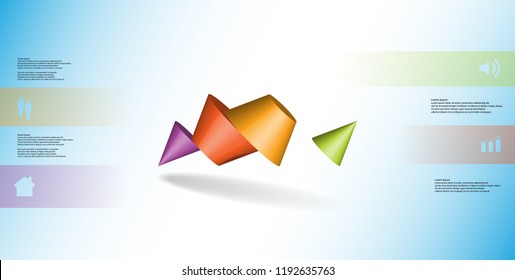 3D illustration infographic template. The two spiked cone is divided to four color parts. Object is askew arranged on blue / white background. Color bars with simple sign are on sides.