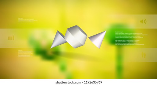 3D illustration infographic template. The two spiked cone is divided to three color parts. Object is askew arranged on blurred photo background. Color bars with simple sign are on sides.