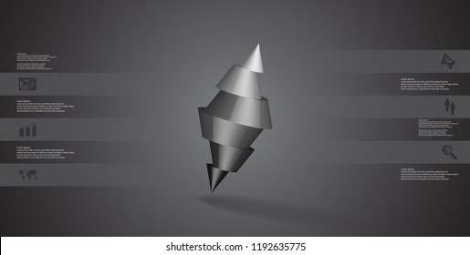 3D illustration infographic template. The two spiked cone is divided to six color parts. Object is askew arranged on black / grey background. Color bars with simple sign are on sides.