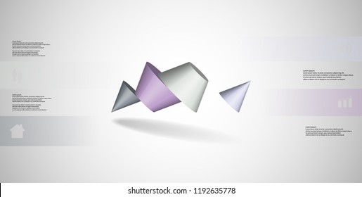 3D illustration infographic template. The two spiked cone is divided to four color parts. Object is askew arranged on grey / white background. Color bars with simple sign are on sides.