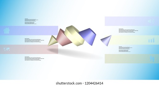 3D illustration infographic template. The two spiked cone is divided to five color parts. Object is askew arranged on blue / white background. Color bars with simple sign are on sides.