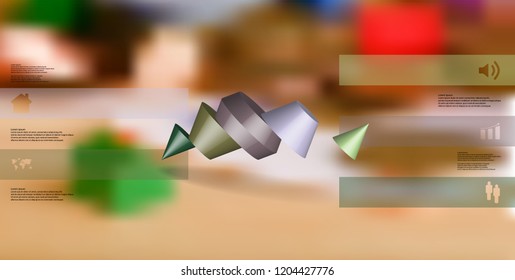 3D illustration infographic template. The two spiked cone is divided to five color parts. Object is askew arranged on blurred photo background. Color bars with simple sign are on sides.