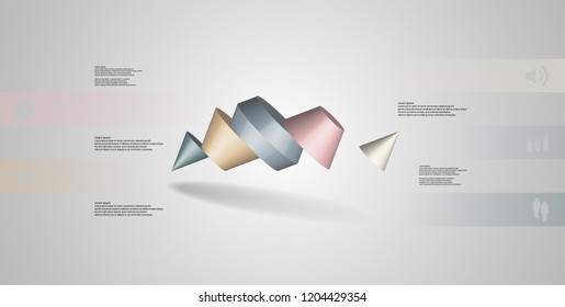 3D illustration infographic template. The two spiked cone is divided to five color parts. Object is askew arranged on grey / white background. Color bars with simple sign are on sides.