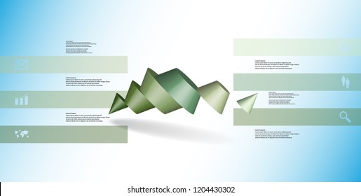 3D illustration infographic template. The two spiked cone is divided to six green parts. Object is askew arranged on blue / white background. Color bars with simple sign are on sides.