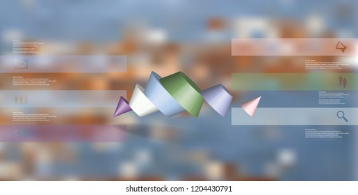 3D illustration infographic template. The two spiked cone is divided to six color parts. Object is askew arranged on blurred photo background. Color bars with simple sign are on sides.