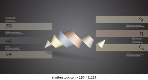 3D illustration infographic template. The two spiked cone is divided to six color parts. Object is askew arranged on grey / black background. Color bars with simple sign are on sides.