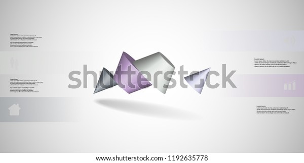 3D\
illustration infographic template. The two spiked cone is divided\
to four color parts. Object is askew arranged on grey / white\
background. Color bars with simple sign are on\
sides.