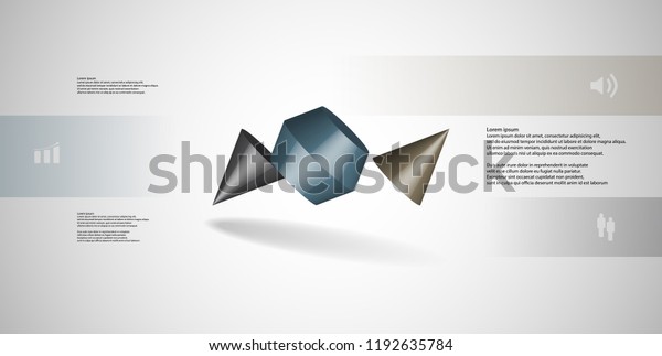 3D\
illustration infographic template. The two spiked cone is divided\
to three color parts. Object is askew arranged on grey / white\
background. Color bars with simple sign are on\
sides.