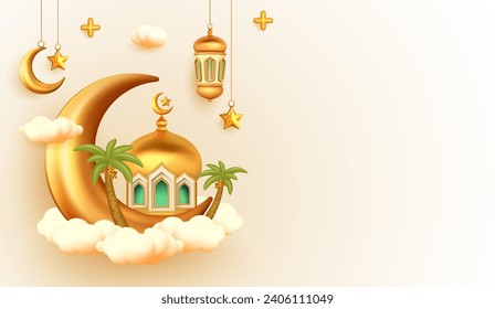 3D-Illustration Islamischer Hintergrund mit Moschee, Halbmond, Mondstern, Lattern, Dattelpalme über den Wolken mit Textbereich mit Kopienraum