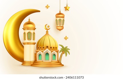 3d illustration Islamic background with mosque, crescent, moon star, lantern, date palm tree with copy space text area