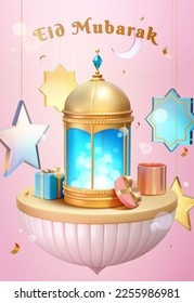 3D Illustration of Islamic lantern display on inverted cone podium floating on pink background. Surrounded by hanging glass decor and gifboxes.