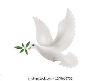 3d illustration with isolated dove and olive leaves. Symbol of peace