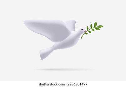 3d ilustración de paloma aislada y rama de olivo. Símbolo de paz, estilizado