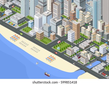 3D Illustration isometrische große Megalopolis Stadtteil mit Straßen, Promenade und der Strand mit Sonnenschirmen und Liegen