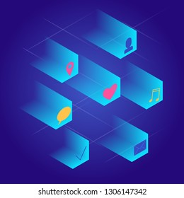 3d illustration with isometric social icons for marketing design. Vector graphic in modern style. 