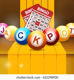 3D Illustration of Jackpot Bingo Lottery Balls and Red Cards Over Golden Yellow Step with Stripes