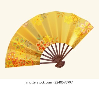 3D Illustration of japanese traditional gold floral pattern folding fan on beige background.