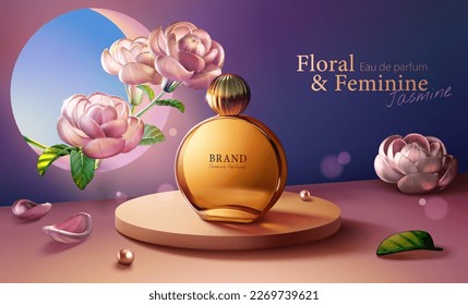 Ilustración 3D del perfume del tema del jazmín en el podio de los cilindros rodeada por una ventana redonda con flor de vidrio jazmín, pétalos, decoración de hojas y perlas