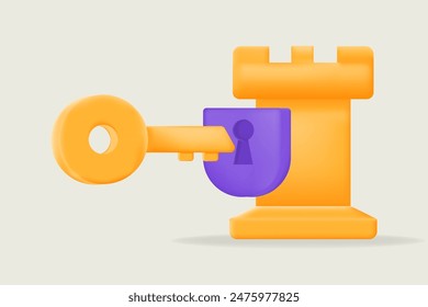 3D illustration of key and lock with a castle tower design in orange and purple. Perfect for themes related to security, access control, and data protection. Optimize your cybersecurity