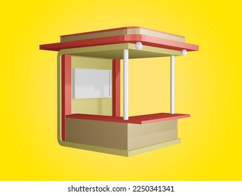 3d illustration kiosk stands booth market shop cart for sell product food drink wood decoration stainless steel construction with blank space logo company on yellow background. 3d render