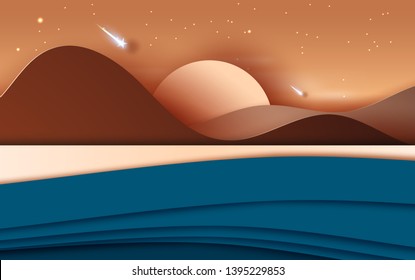 3D illustration of  Landscape with mountains and beach sunset time.Light starfall at Evening. Creative design Paper cut and craft by island the summer sea view.Graphic art Vector. Eps10