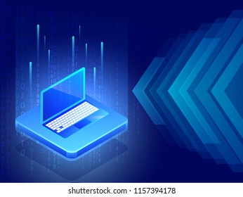 3D illustration of laptop between matrix digital rays on blue abstract or sci-fi background.