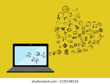 3d illustration. Laptop with  business skecth on screen. Isolated white background. 