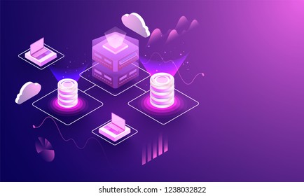 3D illustration of laptop and database connected with cloud server for Data center concept based isometric design. 3D illustration of laptop and database connected with cloud server for Data center concept based isometric design.