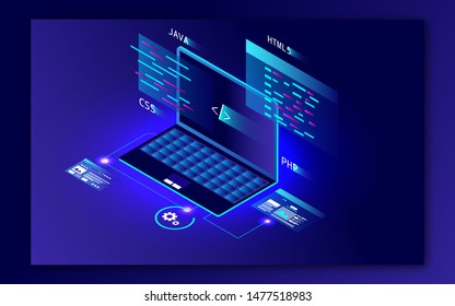 3D illustration of laptop with different programming language for Coding and Programming concept. Can be used as web banner or poster design.