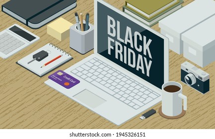 3D illustration. Laptop on a business desktop with black friday promotional sale advertisement, online shopping concept