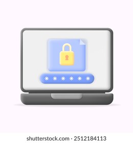 3d Illustration of a laptop with a secure login interface, featuring a yellow padlock and password field. Ideal for content related to cybersecurity, data protection, or secure online access