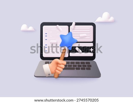 3D illustration of laptop with task interface, checklist and blue rating star, hand holding stylus, artificial intelligence and productivity concept isolated on pastel background.