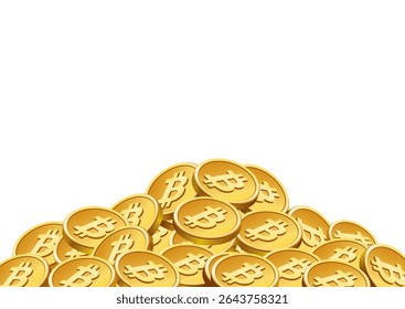3D illustration of a large pile of golden Bitcoin coins, featuring the Bitcoin symbol, representing wealth accumulation and digital currency investment.