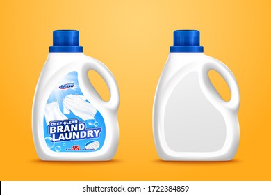 3d illustration laundry detergent bottle mockup set on chrome yellow background, one with label design