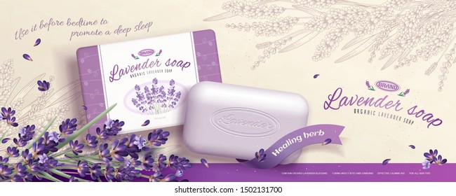 3d illustration lavender soap ads with retro engraved flowers decorations