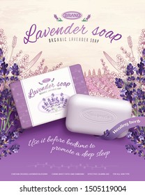 3d illustration lavender soap ads with retro engraved flowers garden background