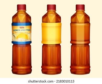 3d illustration of lemon iced tea bottles. Mockup including three red cap bottles with branding label, another with blank label, and the other without label.