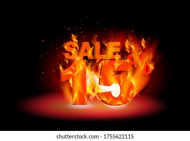 3D illustration, 3D lettering Sale with 15% Off surrounding by flame on black background, discount 15%