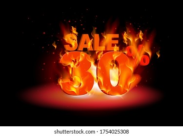 3D illustration, 3D lettering Sale with 30% Off surrounding by flame on black background.discount 30%